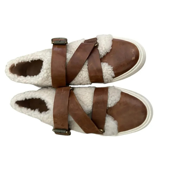 Frye Gia Moto Cognac Leather Sherpa Shearling Low Top Sneaker Shoe Size 8M - Picture 5 of 9